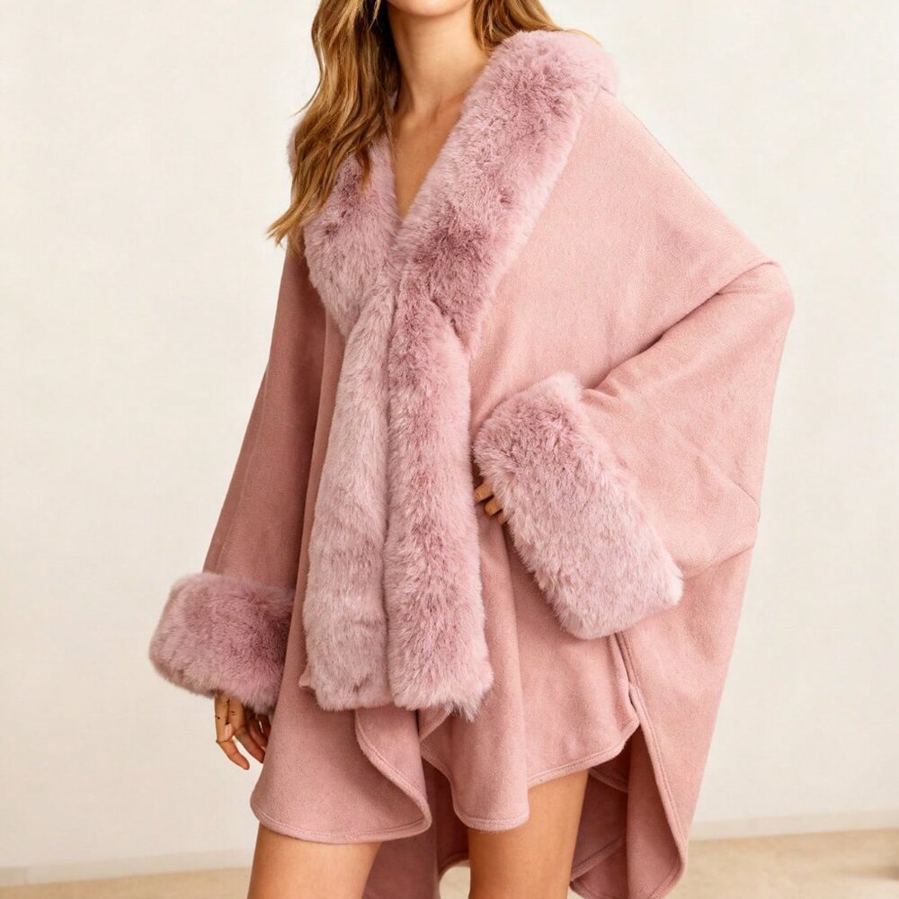 Pink Elegant Women's Warm Soft Faux Fur Shawl Poncho - Picture 4 of 5